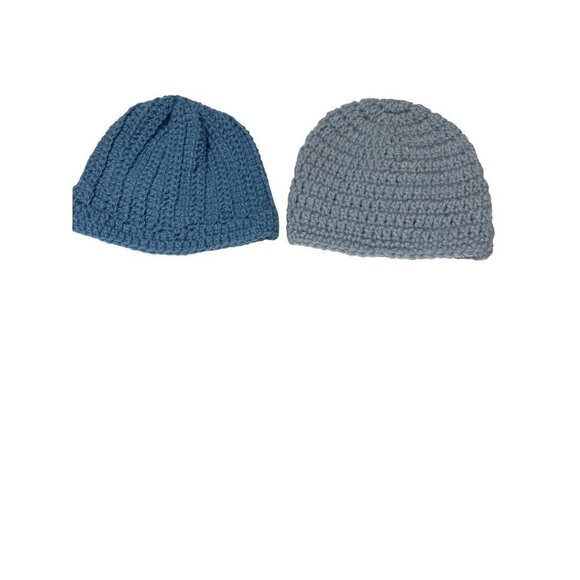 Handmade Crochet Baby Beanies Set Of 2‎ - Blue & Light Gray  - 6 In - Picture 1 of 5